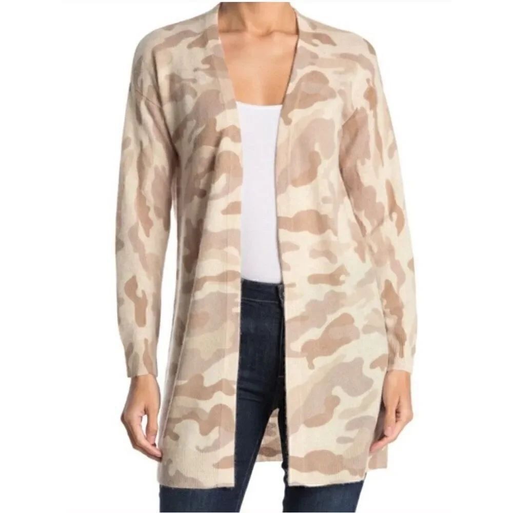 Magaschoni 100% Cashmete Open Front Long Cardigan in Tan Camo NWT Size Large